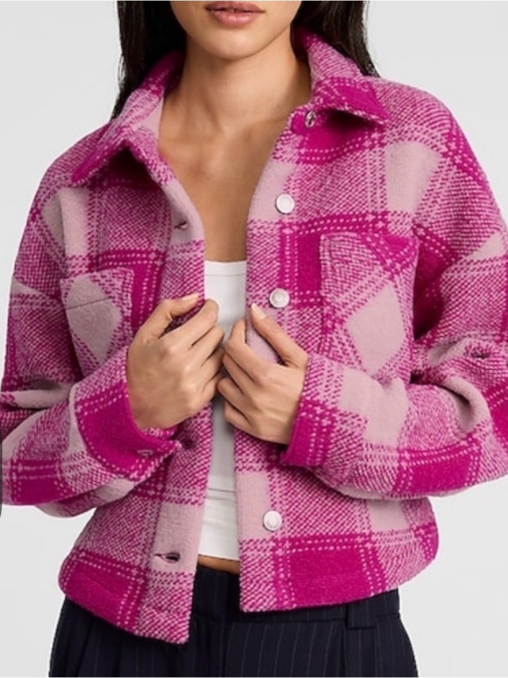 Express Plaid Double Pocket Cropped Shacket